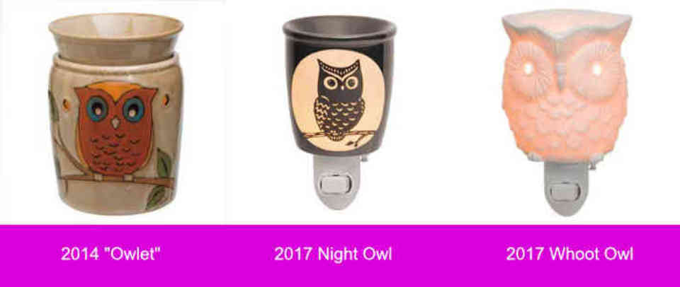 old and new owl themed candle warmers